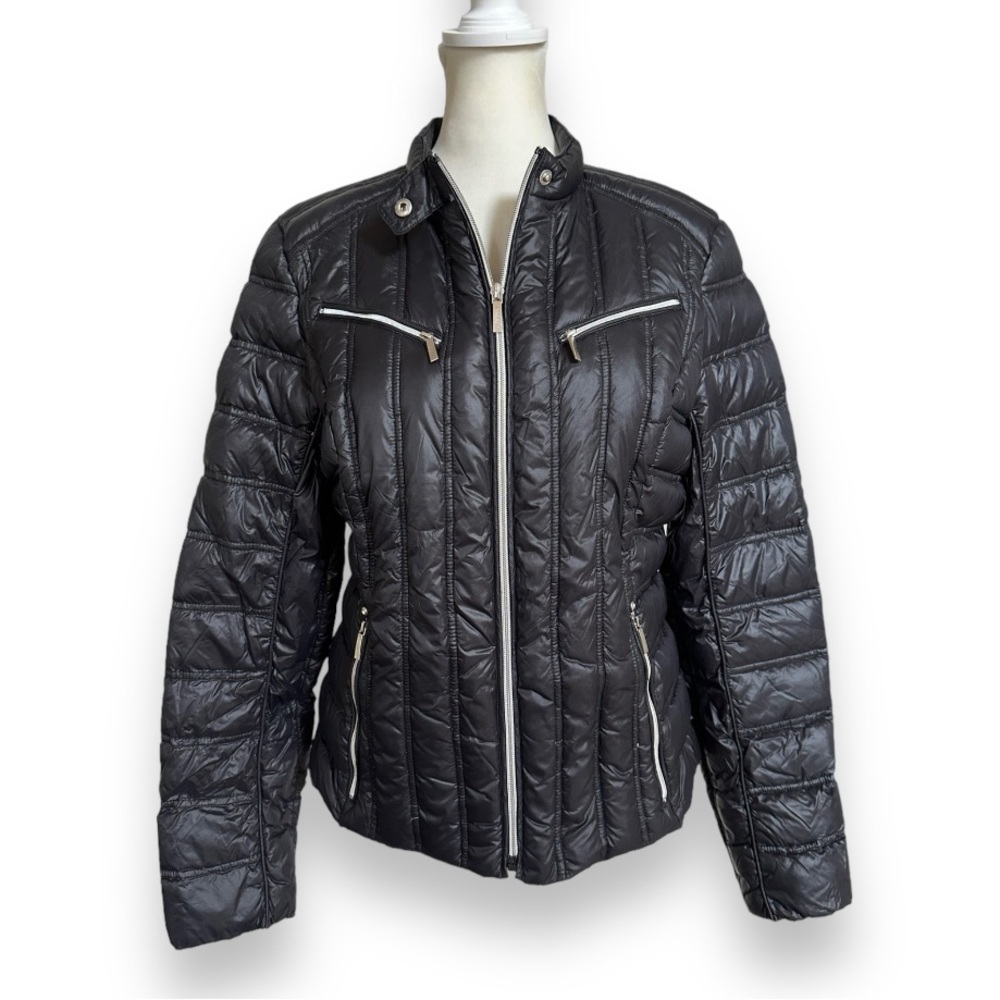 Laundry by Shelli Segal Black Moto Style Down Puffer Jacket | Size Large